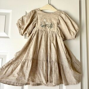 H&M Neutral Beige Linen-Blend Puff Sleeve Dress with White Floral Embroidery